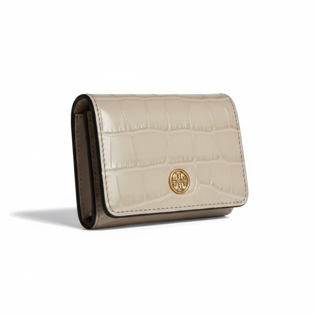 Tory Burch Croc Embossed‎ Leather Wallet Flap Card Case Cream